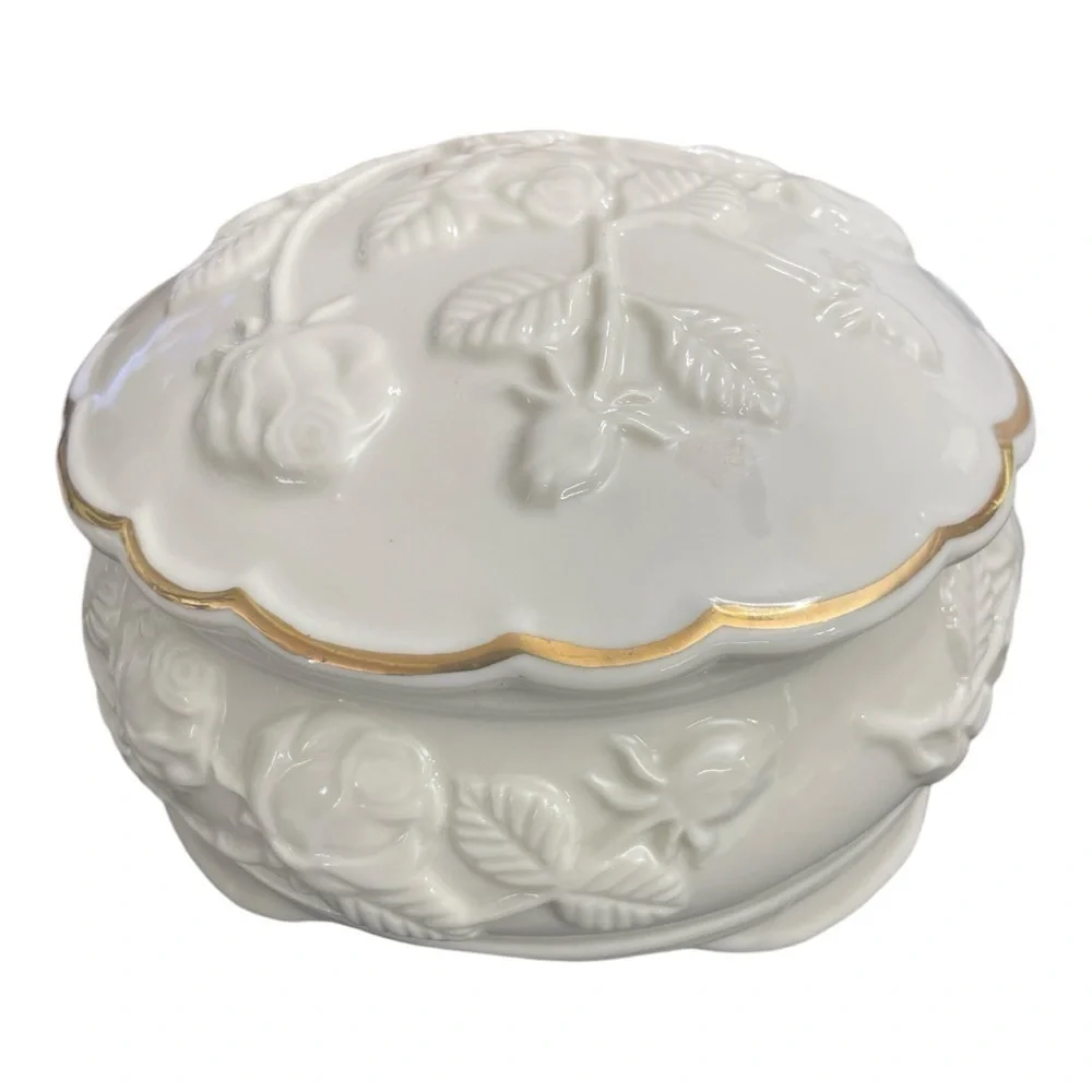 Bisque Porcelain Raised Rose Pattern Gold Trimmed Storage Box Footed